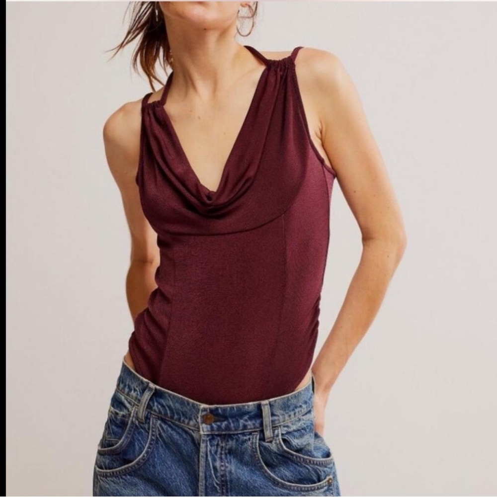 Free People Cowl Neck Burgundy Bodysuit
